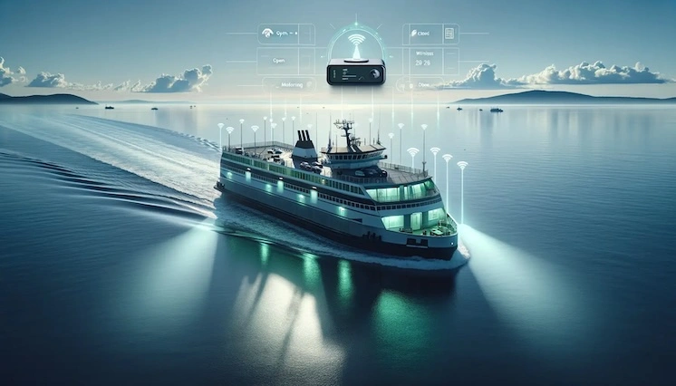 Illustrated ferry showcasing how IoT middleware can be used by System Integrators to set up wireless door monitoring.